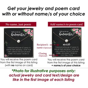 May include: Image shows jewelry and poem cards with or without names. The text reads "Will you be my Godmother?" with a pearl necklace. The card includes a poem. The text also says "Get your jewelry and poem card with or without name/s of your choice."