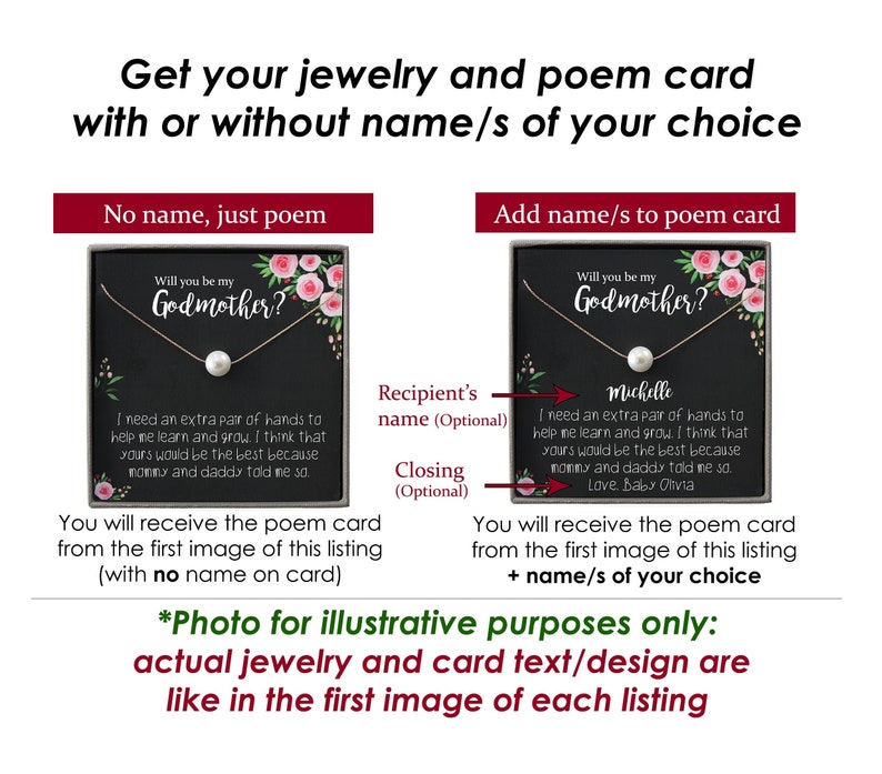 May include: Image shows jewelry and poem cards with or without names. The text reads "Will you be my Godmother?" with a pearl necklace. The card includes a poem. The text also says "Get your jewelry and poem card with or without name/s of your choice."
