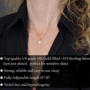 May include: A delicate gold-filled necklace with a single pearl pendant. The necklace is adjustable from 15 to 18 inches and is made with 14K gold-filled and 925 sterling silver. It is nickel-free and hypoallergenic.