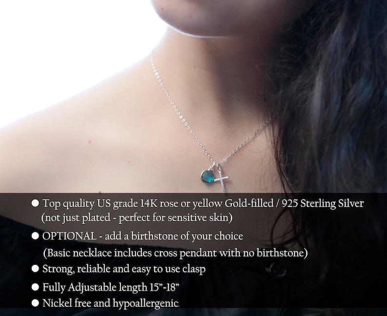 Puede incluir: Un delicado collar de plata con dos colgantes: una peque&ntilde;a cruz y un dije en forma de l&aacute;grima con una gema azul. El texto de la imagen dice: "Gold-filled 14K rosa o amarillo / Plata de ley 925". Longitud ajustable 38-46 cm.