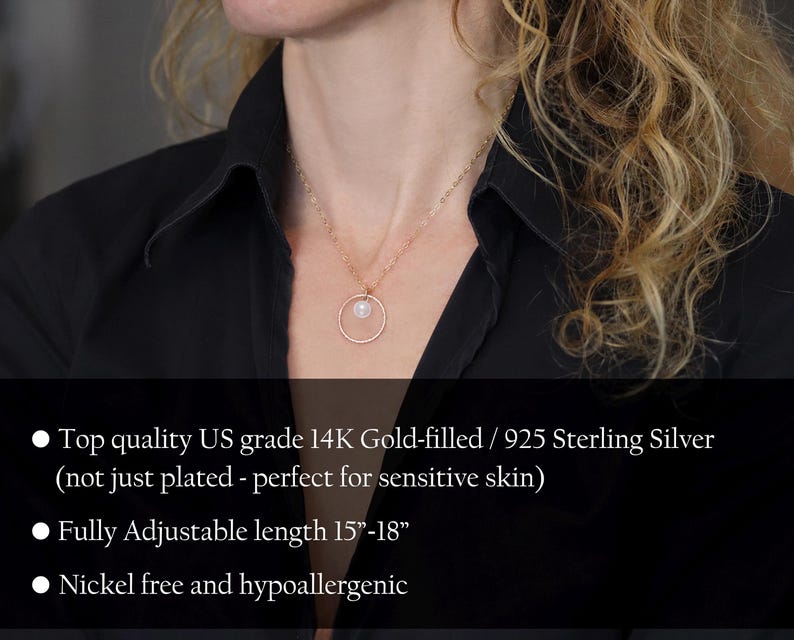 May include: A delicate gold-filled or sterling silver necklace with a small pearl pendant. The necklace is adjustable in length from 15 to 18 inches. It is nickel-free and hypoallergenic.