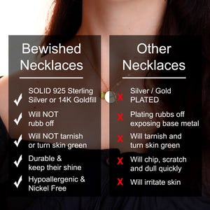 May include: A comparison chart titled Bewished Necklaces versus Other Necklaces. The left side lists benefits of solid 925 sterling silver or 14K goldfill, while the right side lists drawbacks of plated jewelry, including tarnishing and skin irritation.
