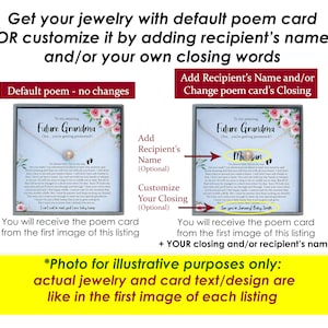 May include: A white card with a pink and white floral design and gold lettering. The card reads "To my amazing Future Grandma (Yes, you're getting promoted!)". The card is next to a necklace with a pearl pendant and a small charm that says "I'm gonna be a baby".