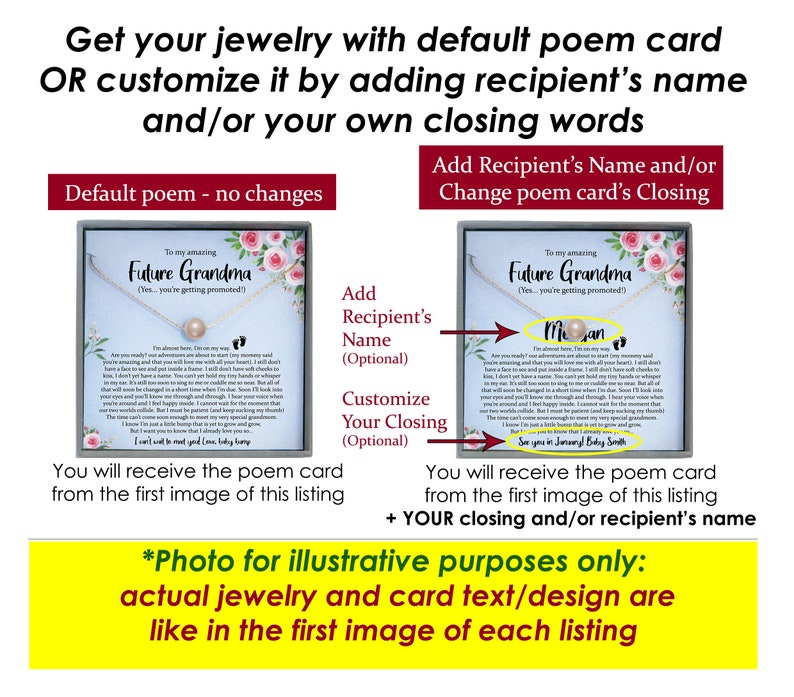 May include: A white card with a pink and white floral design and gold lettering. The card reads "To my amazing Future Grandma (Yes, you're getting promoted!)". The card is next to a necklace with a pearl pendant and a small charm that says "I'm gonna be a baby".