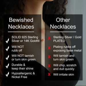 May include: Image comparing "Bewished Necklaces" to "Other Necklaces." Bewished necklaces are solid 925 sterling silver or 14K goldfill, will not rub off, tarnish, or turn skin green. They are durable, keep their shine, and are hypoallergenic and nickel-free.