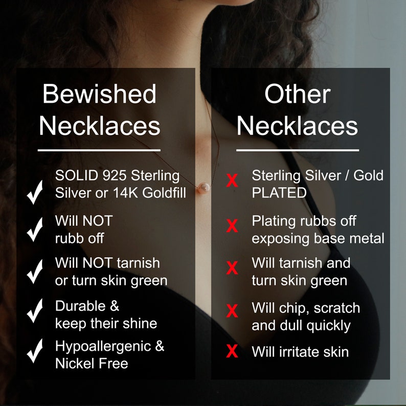 May include: Image comparing "Bewished Necklaces" to "Other Necklaces." Bewished necklaces are solid 925 sterling silver or 14K goldfill, will not rub off, tarnish, or turn skin green. They are durable, keep their shine, and are hypoallergenic and nickel-free.