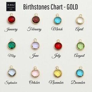 K&ouml;nnte beinhalten: Eine Geburtssteintabelle mit goldenen Anh&auml;ngern. Jeder Anh&auml;nger hat einen andersfarbigen Edelstein, mit den Monatsnamen darunter. Der Text "Birthstones Chart - GOLD" steht oben.