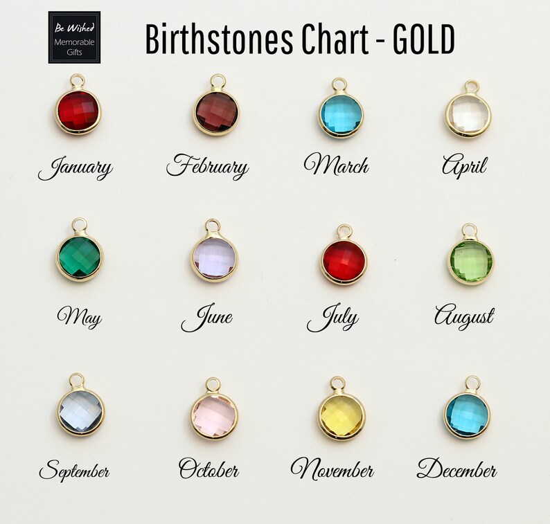 K&ouml;nnte beinhalten: Eine Geburtssteintabelle mit goldenen Anh&auml;ngern. Jeder Anh&auml;nger hat einen andersfarbigen Edelstein, mit den Monatsnamen darunter. Der Text "Birthstones Chart - GOLD" steht oben.