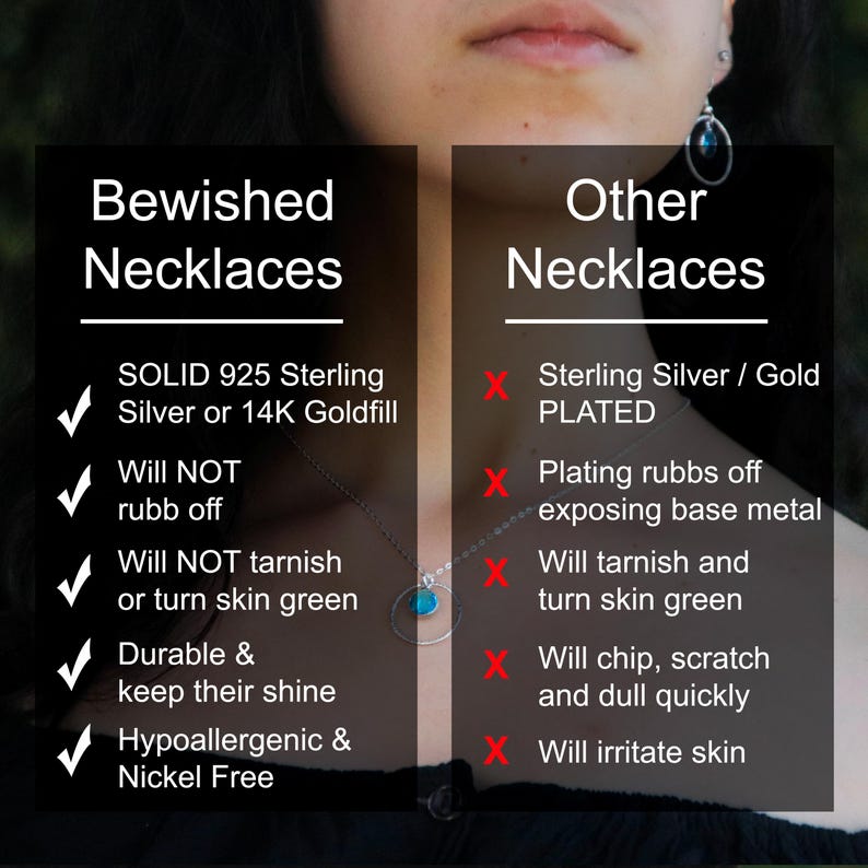 May include: A comparison chart highlighting the differences between Bewished Necklaces and other necklaces. Bewished necklaces are made with solid 925 Sterling Silver or 14K Goldfill, while other necklaces are Sterling Silver or Gold plated. Bewished necklaces are durable, hypoallergenic, and nickel-free, while other necklaces may tarnish, chip, scratch, and irritate skin.