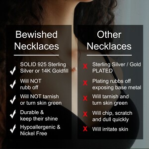 May include: A comparison chart titled Bewished Necklaces versus Other Necklaces. The left side lists benefits of solid 925 sterling silver or 14K goldfill, while the right side lists drawbacks of plated jewelry, including tarnishing and skin irritation.