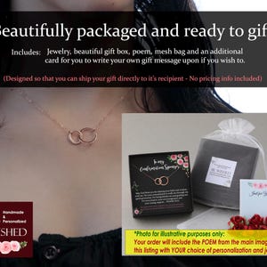 May include: A rose gold necklace with two interlocking rings, presented in a black gift box with a poem card, a white mesh drawstring bag, and a small floral note card. The text on the box reads To my Confirmation Sponsor and Be Wished.