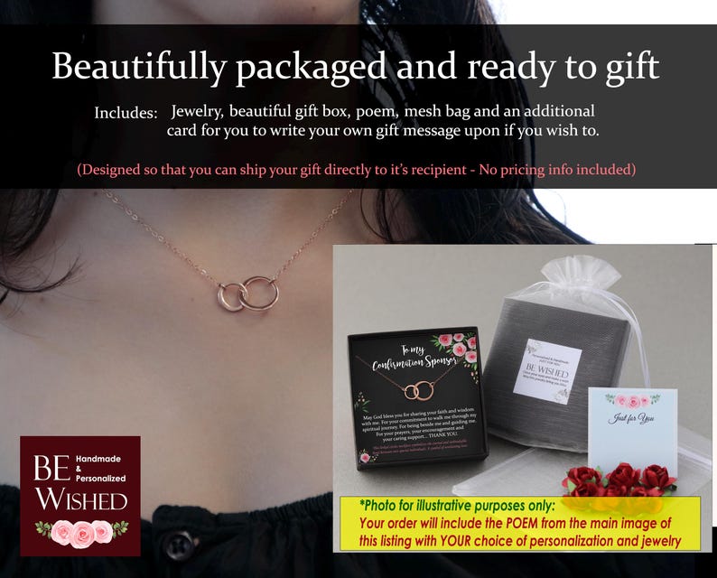 May include: A rose gold necklace with two interlocking rings, presented in a black gift box with a poem card, a white mesh drawstring bag, and a small floral note card. The text on the box reads To my Confirmation Sponsor and Be Wished.