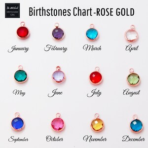 K&ouml;nnte beinhalten: Eine Ros&eacute;gold-Geburtssteintabelle mit zw&ouml;lf Edelstein-Anh&auml;ngern, die jeweils einen Monat darstellen. Die Tabelle umfasst die Monate Januar bis Dezember, wobei jeder Anh&auml;nger einen andersfarbigen Edelstein aufweist. Der Text "Birthstones Chart - ROSE GOLD" steht oben.