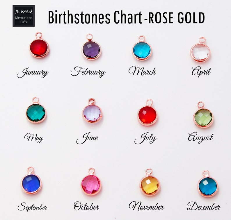 K&ouml;nnte beinhalten: Eine Ros&eacute;gold-Geburtssteintabelle mit zw&ouml;lf Edelstein-Anh&auml;ngern, die jeweils einen Monat darstellen. Die Tabelle umfasst die Monate Januar bis Dezember, wobei jeder Anh&auml;nger einen andersfarbigen Edelstein aufweist. Der Text "Birthstones Chart - ROSE GOLD" steht oben.