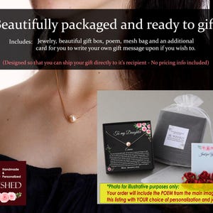 May include: A gift box with a black background and a white mesh bag. The box has a poem inside with the text "To my Daughter" and a pearl necklace. The box is surrounded by red roses. The text "Handmade & Personalized Be Wished" is in the lower left corner of the image.