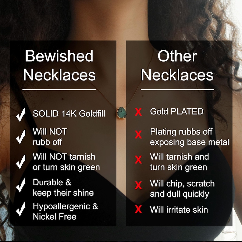 May include: Image comparing "Bewished Necklaces" made with solid 14K goldfill, which won't rub off, tarnish, or irritate skin, to "Other Necklaces" that are gold plated. The image includes text and a necklace.