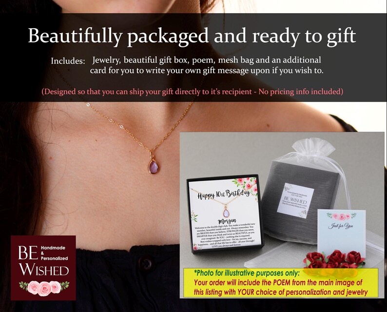 Puede incluir: Un collar dorado con un colgante morado en forma de l&aacute;grima. La imagen tambi&eacute;n muestra una caja de regalo, una bolsa de malla y una tarjeta con el texto "Happy 10th Birthday". Se lee el texto "Beautifully packaged and ready to gift".