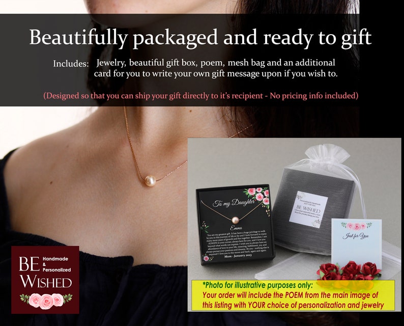 May include: A gold necklace with a single pearl pendant is displayed. The image includes a gift box, a mesh bag, and a card with the text "Just for You". The text "Beautifully packaged and ready to gift" is at the top.