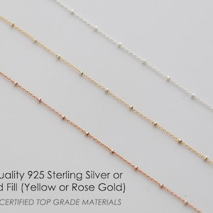May include: Three delicate chains, one silver, one yellow gold, and one rose gold, with small round beads. High Quality 925 Sterling Silver or 14Kt Gold Fill (Yellow or Rose Gold) 100% USA CERTIFIED TOP GRADE MATERIALS
