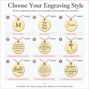 May include: A grid of nine gold circular pendants on chains, each featuring different engraving styles including initials, names, dates, floral illustrations, and inspirational quotes like "Unshakeable" and "She believed she could so she did."