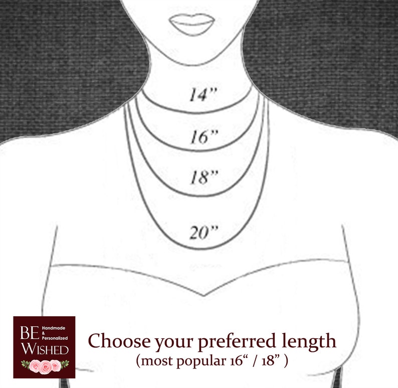 May include: A line drawing of a woman's neck with five different necklace lengths marked in inches: 14", 16", 18", and 20". The text "Choose your preferred length (most popular 16" / 18")" is below the image.