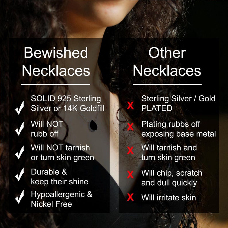K&ouml;nnte beinhalten: Eine Vergleichstabelle mit dem Titel Bewished Necklaces versus Other Necklaces. Die linke Seite listet Vorteile von massivem 925er Sterlingsilber oder 14K Goldfill auf, w&auml;hrend die rechte Seite Nachteile von plattiertem Schmuck wie Anlaufen und Hautreizungen nennt.