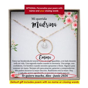 May include: A white gift box with a gold necklace inside. The necklace has a pearl pendant and a circle charm. The box has a card inside with the text "Mi querida Madrina" and a poem that says "Estoy tan bendecida de tenerte como mi &aacute;ngel guardi&aacute;n, a mi lado durante toda mi vida. Una segunda madre cuando es necesaria. Una amiga, una confidente, Un hombro cuando necesito apoyarme o llorar. Alguien para sostener mi mano. Siempre ah&iacute; para amarme, guiarme y comprenderme. Mis padres hicieron la mejor elecci&oacute;n. Realmente eres la mejor. Hoy, y cada d&iacute;a, quiero agradecerle, ya que eres un regalo para m&iacute;. Te quiero mucho, Alex - Junio 2026".
