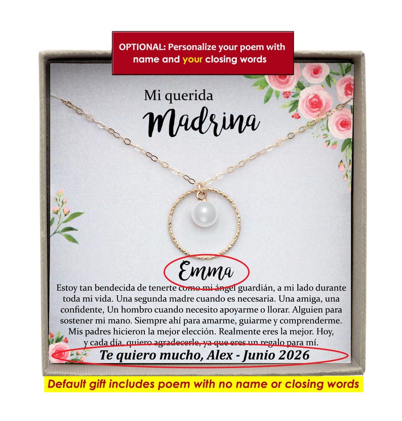 May include: A white gift box with a gold necklace inside. The necklace has a pearl pendant and a circle charm. The box has a card inside with the text "Mi querida Madrina" and a poem that says "Estoy tan bendecida de tenerte como mi &aacute;ngel guardi&aacute;n, a mi lado durante toda mi vida. Una segunda madre cuando es necesaria. Una amiga, una confidente, Un hombro cuando necesito apoyarme o llorar. Alguien para sostener mi mano. Siempre ah&iacute; para amarme, guiarme y comprenderme. Mis padres hicieron la mejor elecci&oacute;n. Realmente eres la mejor. Hoy, y cada d&iacute;a, quiero agradecerle, ya que eres un regalo para m&iacute;. Te quiero mucho, Alex - Junio 2026".