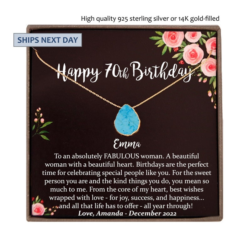 A beautiful 70th Birthday gift for women: this personalized gemstone necklace comes ready to give with a heartfelt poem card you can customize with her name or your own special message. A meaningful keepsake for Mom, Grandma, Wife, Aunt, Sister, or a dear friend.
70th Birthday Gift for Mom 70 year old birthday gift Personalized 70th birthday gift for 70th birthday woman Personalized 70th Birthday Gift