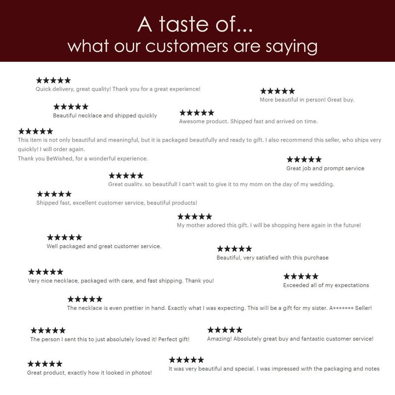 Puede incluir: Imagen con rese&ntilde;as de clientes sobre un fondo rojo oscuro. El texto dice "A taste of... what our customers are saying." Las rese&ntilde;as incluyen frases como "&iexcl;Entrega r&aacute;pida, gran calidad!" y "Hermoso collar y enviado r&aacute;pidamente."