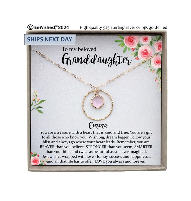 A heartfelt granddaughter gift from Grandma or Grandpa, this personalized birthstone necklace celebrates birthdays, holidays, graduations, weddings, and every special milestone. Ready to gift with a sentimental message that can be customized with her name and a personal closing, it’s a keepsake she’ll treasure forever.