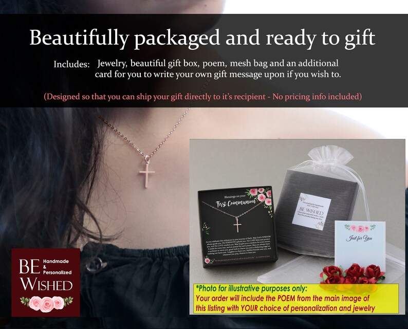 Puede incluir: Un collar con colgante de cruz en oro rosa. La imagen tambi&eacute;n muestra una caja de regalo, una bolsa de malla y una tarjeta con el texto "Just for You". El texto de la imagen dice "Beautifully packaged and ready to gift".