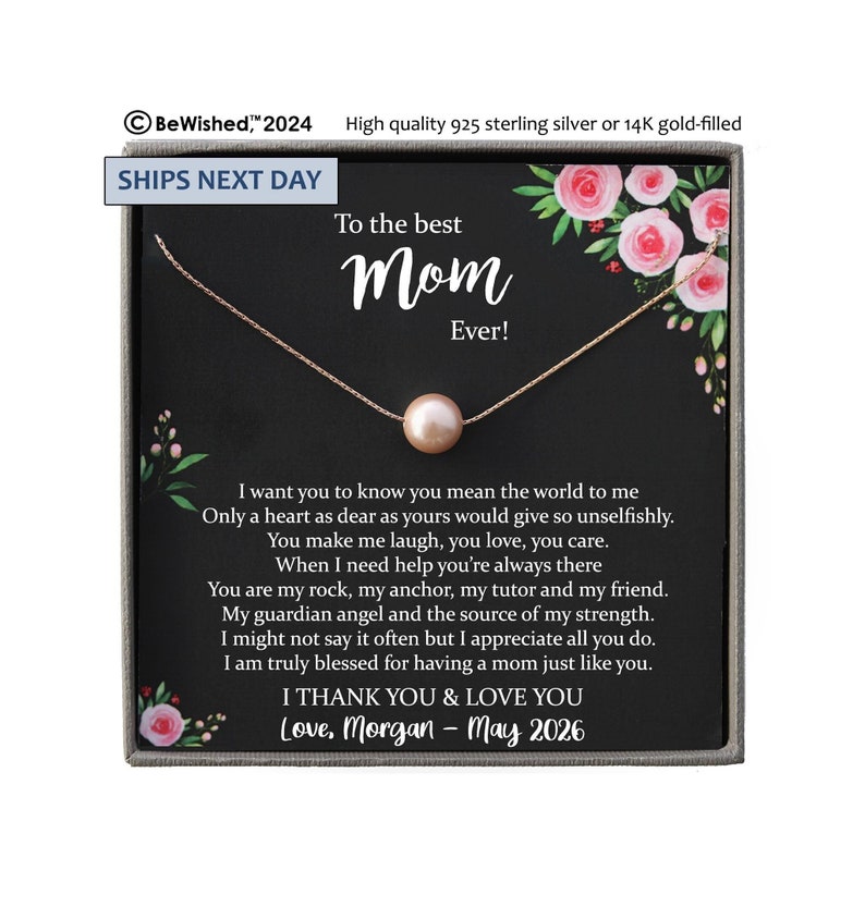 A meaningful gift for Mom from daughter or son. This personalized pearl necklace includes a customizable message card, making it perfect for Mother’s Day, birthdays, Christmas, holidays, and appreciation gifts. Ready to gift with your own custom closing words.
