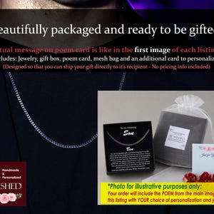 May include: A silver-toned chain necklace displayed with a black gift box containing a poem card addressed to a son, a white mesh drawstring bag, and a small floral card labeled Just for You, all featuring the Be Wished brand logo and text.
