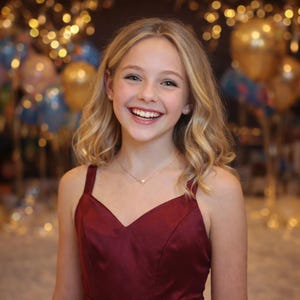 May include: A smiling young person with blonde hair and a burgundy dress. They are wearing a delicate necklace with a small pendant. The background features blurred balloons and lights, creating a festive atmosphere.