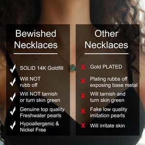 May include: A comparison chart highlighting the differences between Bewished necklaces and other necklaces. Bewished necklaces are made with 14K goldfill, are hypoallergenic and nickel free, and feature genuine freshwater pearls. Other necklaces are gold plated, may tarnish and turn skin green, and use fake imitation pearls.