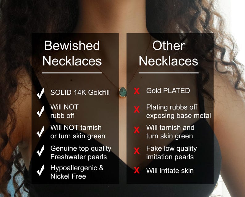 May include: A comparison chart highlighting the differences between Bewished necklaces and other necklaces. Bewished necklaces are made with 14K goldfill, are hypoallergenic and nickel free, and feature genuine freshwater pearls. Other necklaces are gold plated, may tarnish and turn skin green, and use fake imitation pearls.