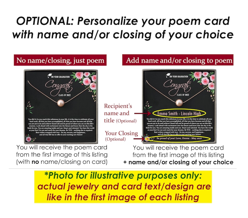May include: A graduation poem card with a pearl necklace. The card says "Congrats Class of 2023" with optional personalization. The text on the card is in English. The image shows two examples of the card.