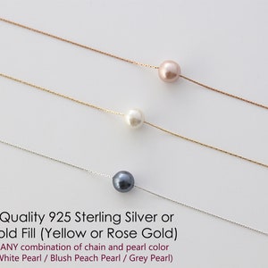 May include: Three delicate necklaces with single pearls. The top necklace has a peach pearl on a gold chain, the middle has a white pearl on a gold chain, and the bottom has a grey pearl on a silver chain. Text reads: High Quality 925 Sterling Silver or 14Kt Gold Fill.