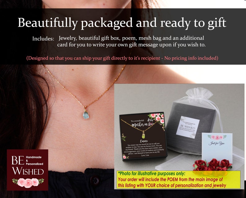 May include: A gift box containing a poem card, a mesh bag, and a necklace with a blue gemstone pendant. The box is decorated with flowers and the text "Love Mother in Law". The gift box is ready to be shipped.