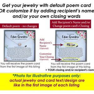 May include: Image shows a necklace with a pearl pendant on a card that reads "Future Grandma." Text explains customization options: adding a recipient's name and/or custom closing words. The card design features floral accents. The text also states the photo is for illustrative purposes.