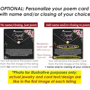 May include: A mock-up of a graduation card featuring a gold necklace with a pearl charm. The card has a black background with pink flowers and the text "On Your Graduation, Congrats, Class of 2023". The text "Emma Smith - Lincoln High" and "So proud of you! Love, Emma - May 2023" are also visible on the card. The image shows two options for the card: one with no personalisation and one with a name and closing.