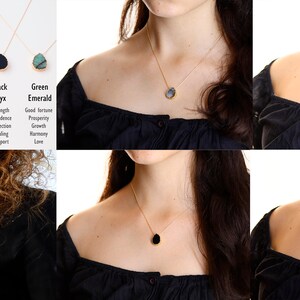 May include: A collage of six images showing women wearing necklaces with different colored gemstone pendants. The pendants are turquoise, amethyst, labradorite, black onyx, green emerald, and black onyx. Each image has a text label below the image identifying the gemstone.
