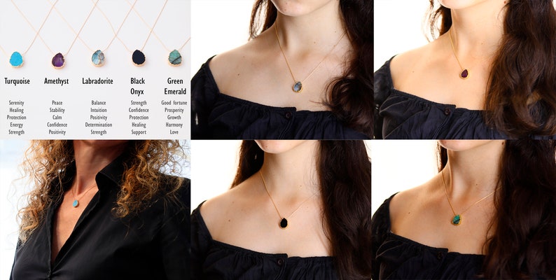 May include: A collage of six images showing women wearing necklaces with different colored gemstone pendants. The pendants are turquoise, amethyst, labradorite, black onyx, green emerald, and black onyx. Each image has a text label below the image identifying the gemstone.