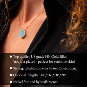 May include: A turquoise gemstone pendant necklace with a gold-filled chain and lobster clasp. The necklace is available in lengths of 14, 16, 18, and 20 inches. It is made with 14K gold-filled material and is nickel-free and hypoallergenic.