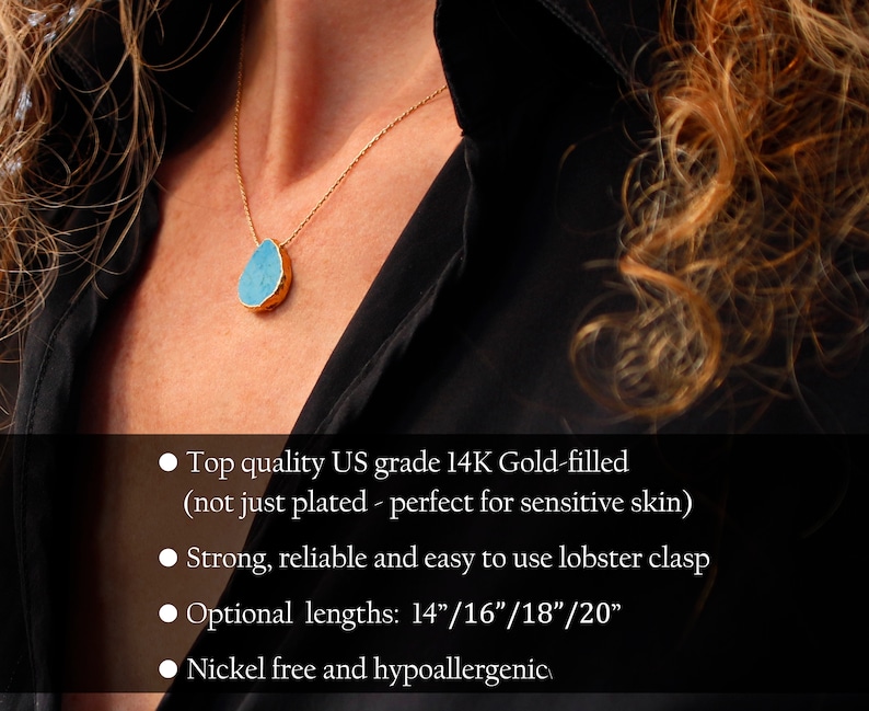 May include: A turquoise gemstone pendant necklace with a gold-filled chain and lobster clasp. The necklace is available in lengths of 14, 16, 18, and 20 inches. It is made with 14K gold-filled material and is nickel-free and hypoallergenic.
