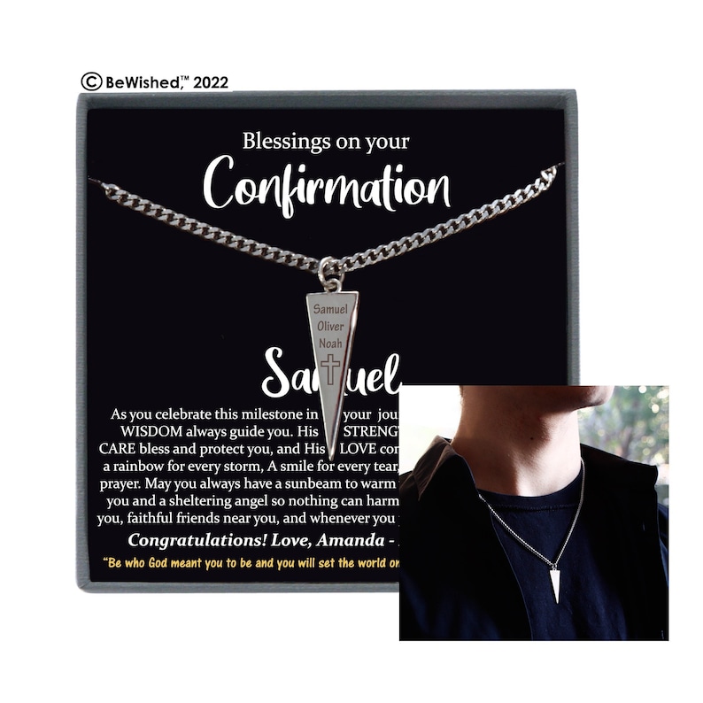 A meaningful Confirmation gift for boys or men, this personalized engraved necklace features a heartfelt message and a timeless keepsake he can carry with him always.