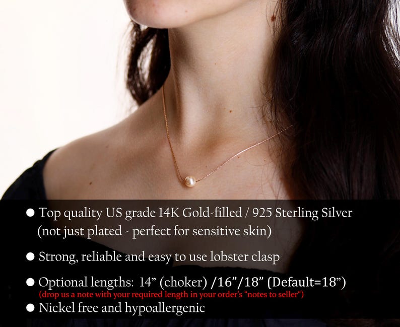 May include: A delicate gold necklace with a single, round, cream-colored pearl pendant. The necklace is shown on a person's neck. The image includes text that says the necklace is 14K gold-filled and hypoallergenic.
