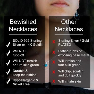 Puede incluir: Una tabla comparativa titulada Bewished Necklaces versus Other Necklaces. El lado izquierdo enumera los beneficios de la plata esterlina 925 s&oacute;lida o el relleno de oro de 14K, mientras que el derecho detalla desventajas de la joyer&iacute;a chapada, como irritaci&oacute;n.