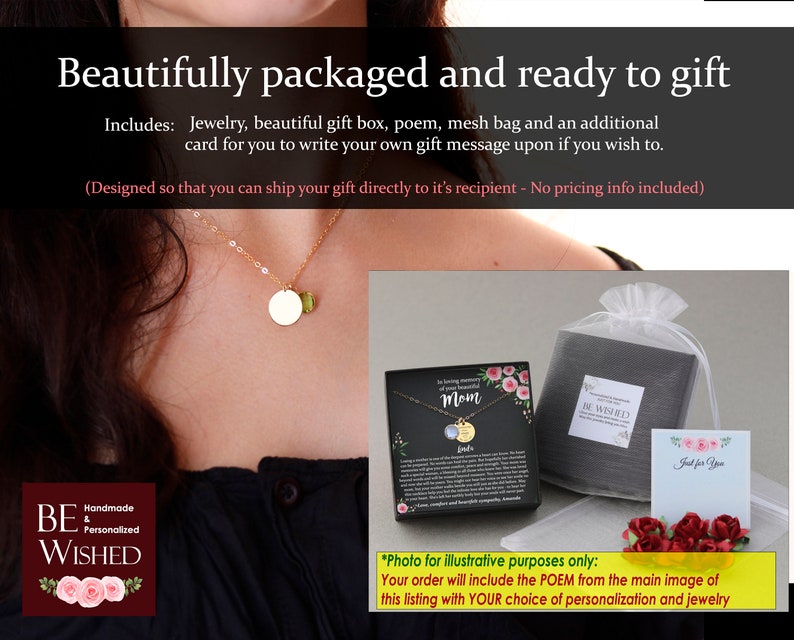 May include: A gold-tone necklace with a circular pendant and a small green gemstone charm. The set includes a black gift box with floral accents and text, a white mesh drawstring bag, and a small white card with the text Just for You.